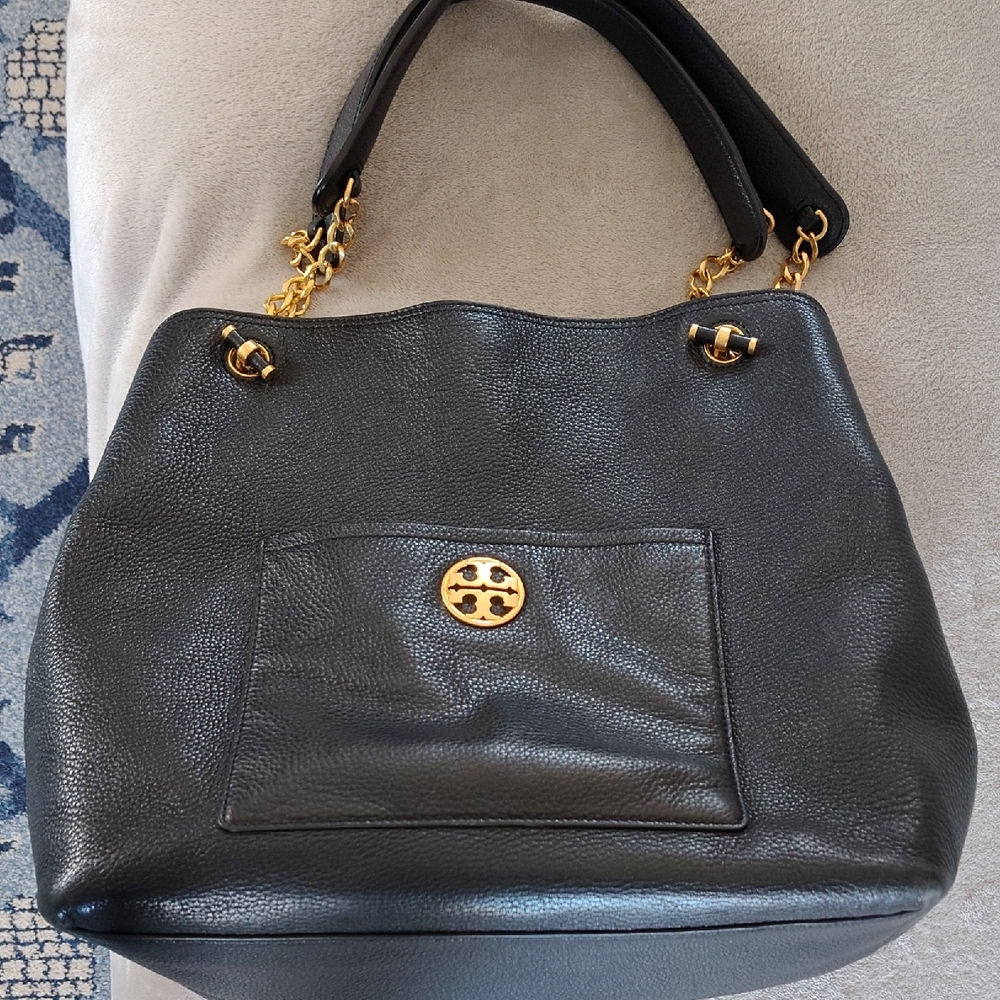 Tory Burch Black Leather Shoulder Bag with Gold Accents
